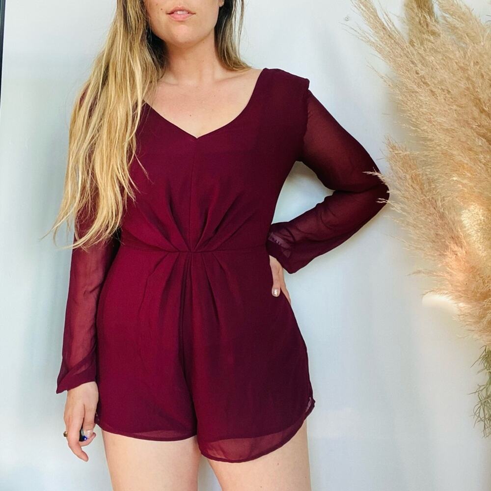 COTTON ON Burgundy Red Pleated Shorts Sheer Long Sleeve Plunge VNeck Romper XS